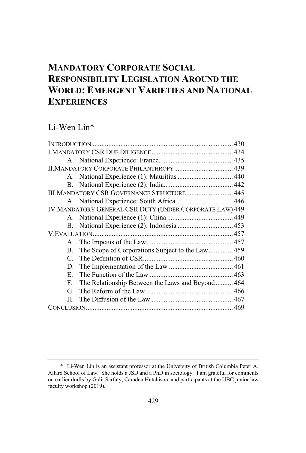 Mandatory Corporate Social Responsibility Legislation Around the World: Emergent Varieties and National Experiences