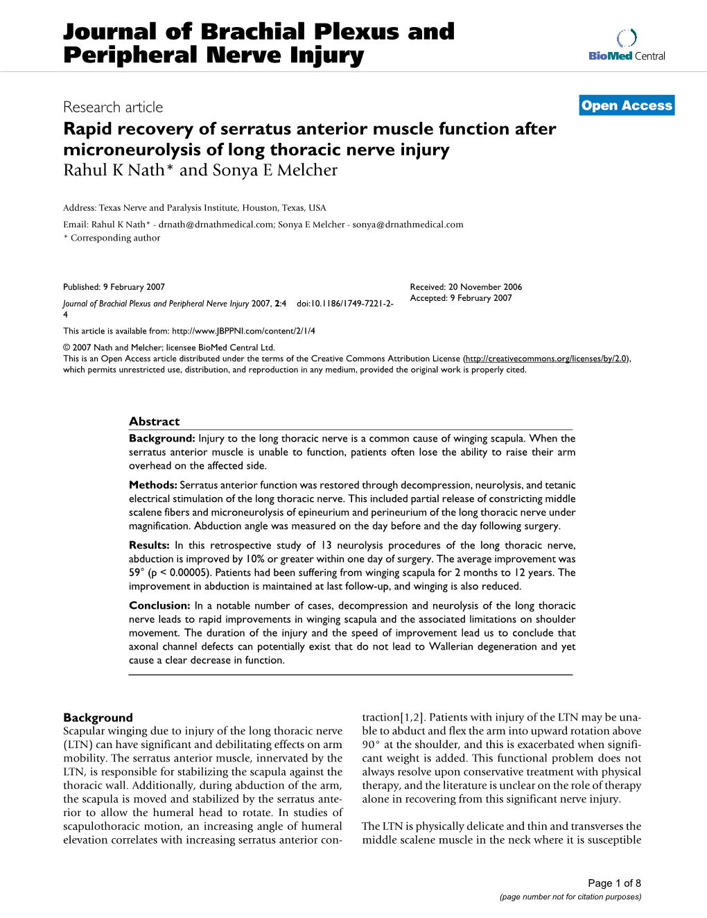 Journal of Brachial Plexus and Peripheral Nerve Injury Biomed Central