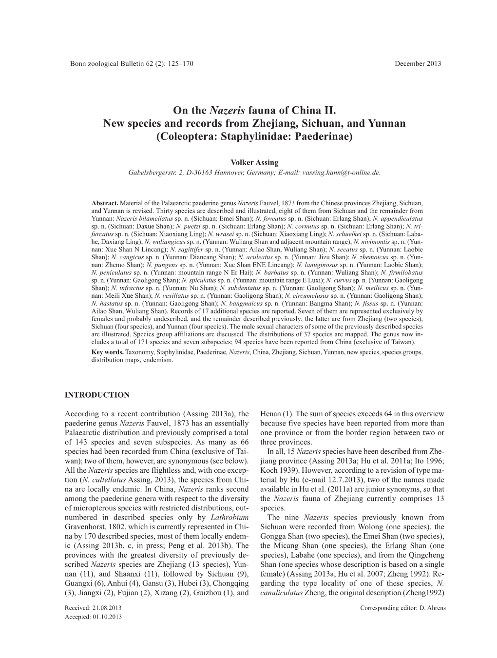 On the Nazeris Fauna of China II. New Species and Records from Zhejiang, Sichuan, and Yunnan (Coleoptera: Staphylinidae: Paederinae)