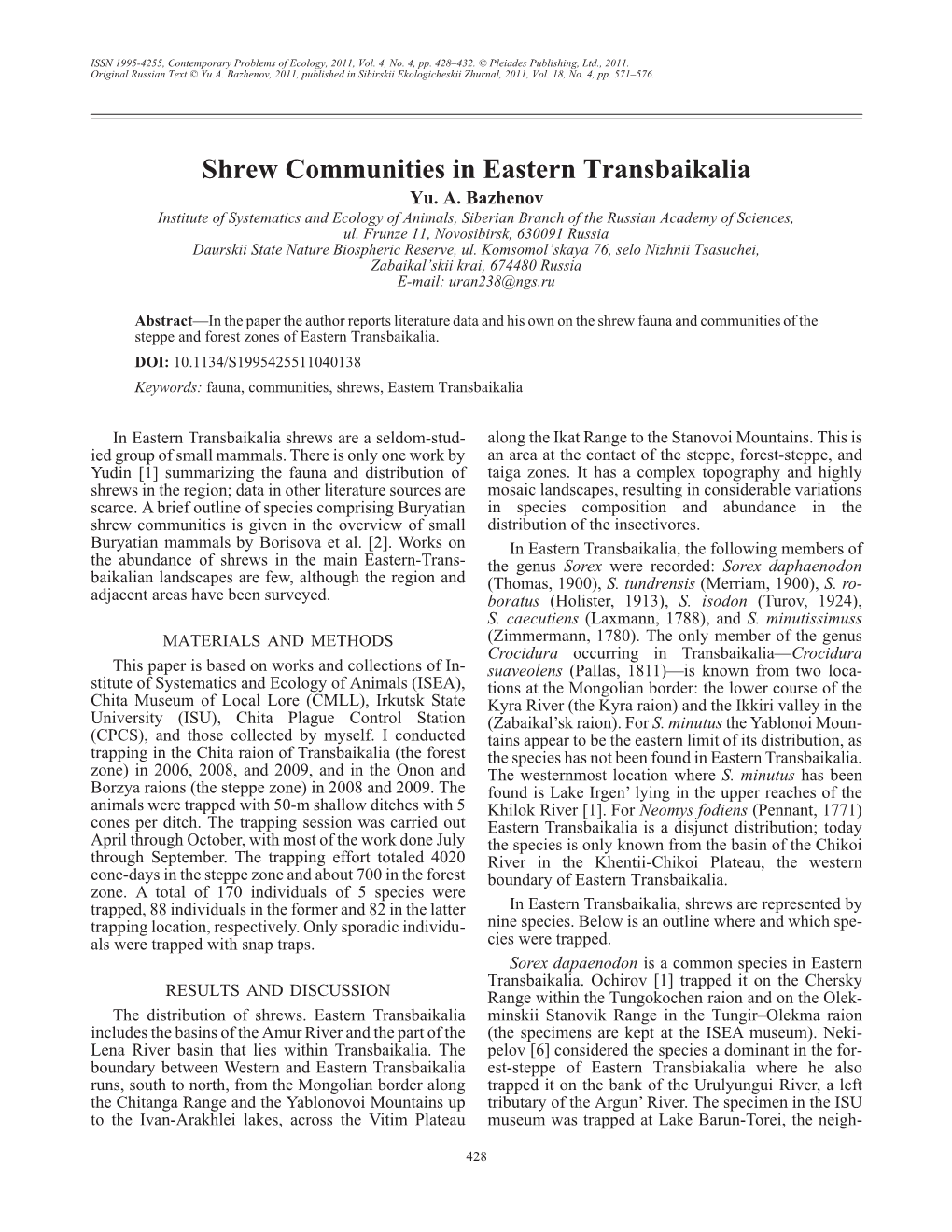 Shrew Communities in Eastern Transbaikalia Yu