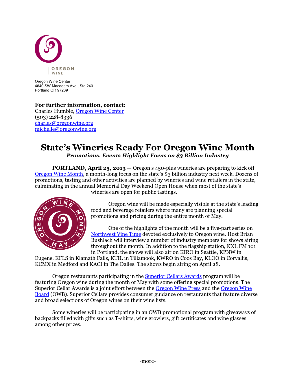 State's Wineries Ready for Oregon Wine Month