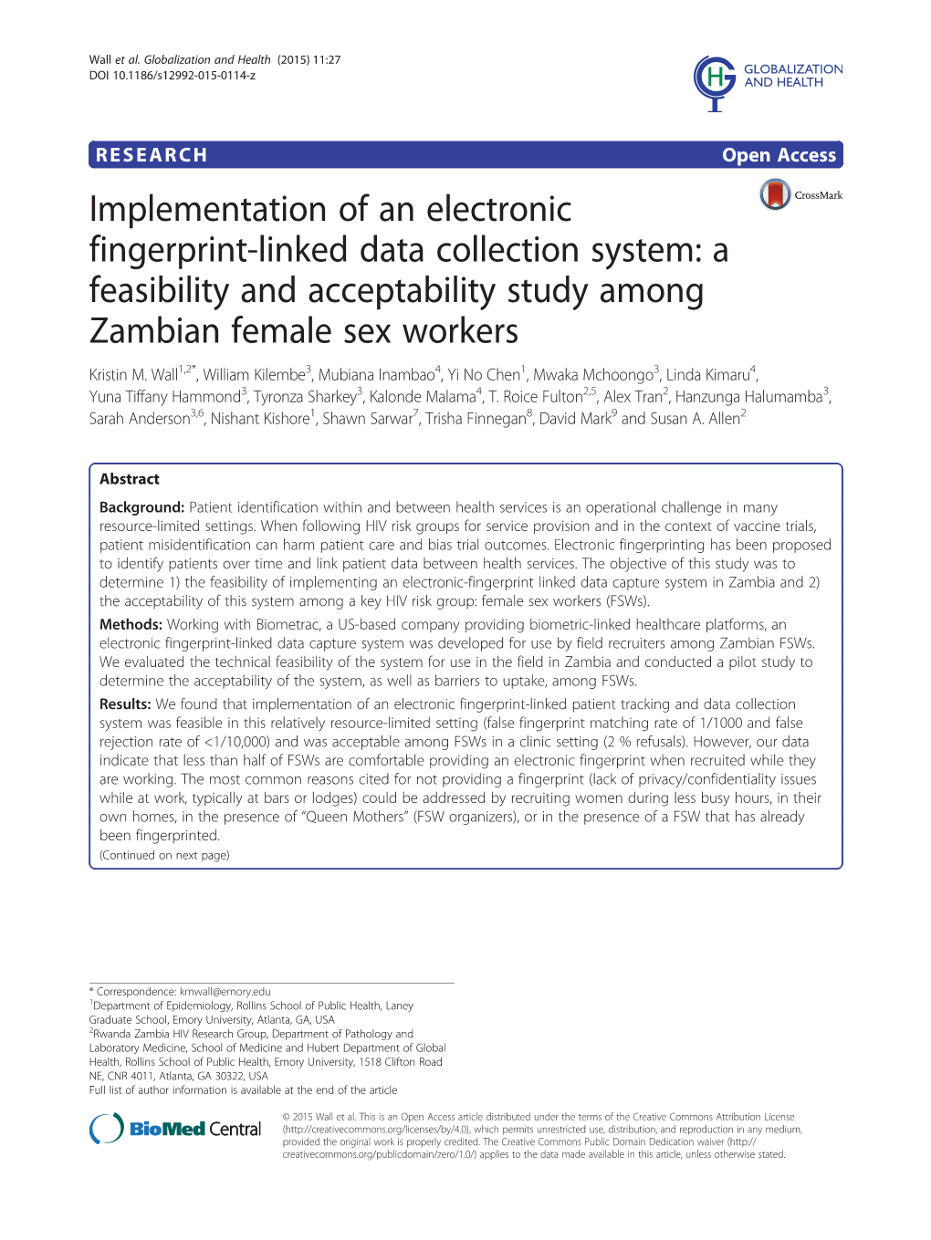 Implementation of an Electronic Fingerprint-Linked Data Collection System: a Feasibility and Acceptability Study Among Zambian Female Sex Workers Kristin M