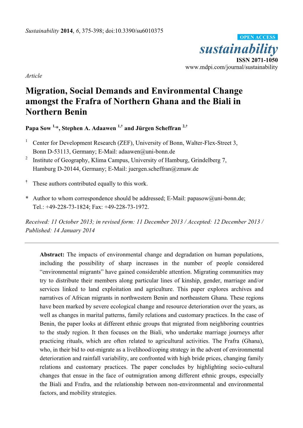 Migration, Social Demands and Environmental Change Amongst the Frafra of Northern Ghana and the Biali in Northern Benin