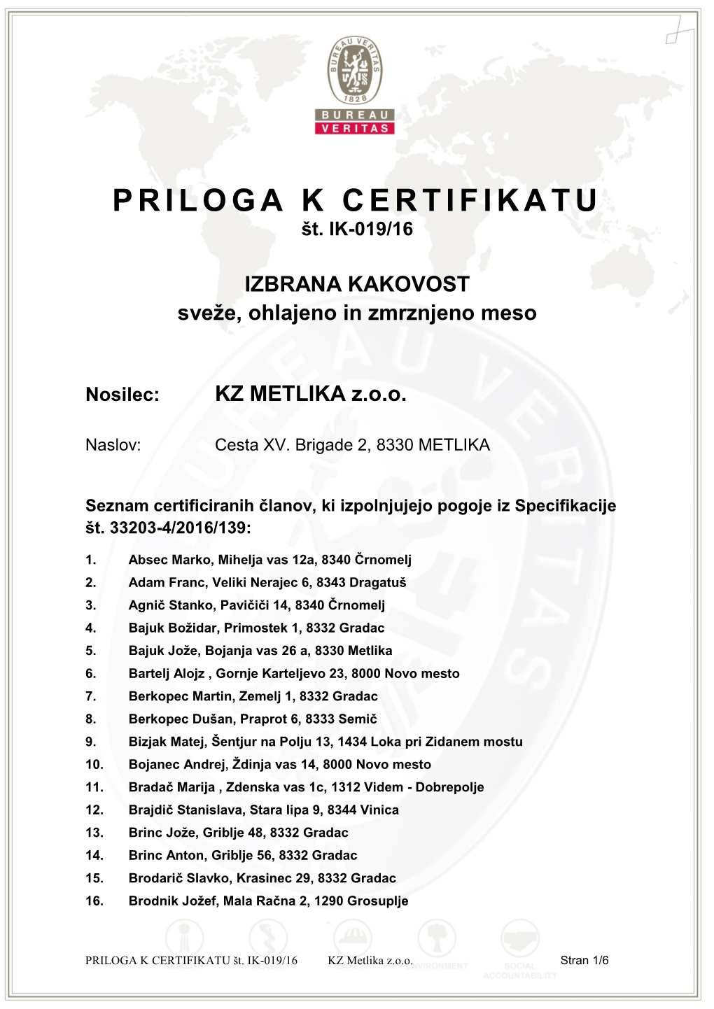 PRILOGA K CERTIFIKATU Št