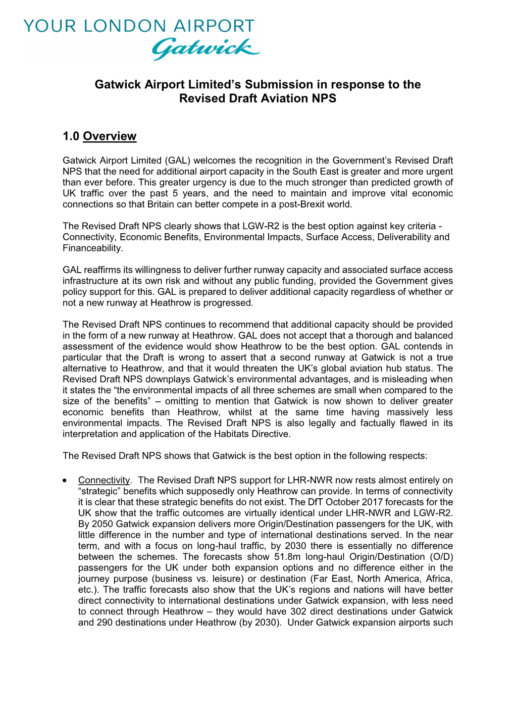 Gatwick Airport Limited's Submission in Response to the Revised Draft Aviation NPS 1.0 Overview