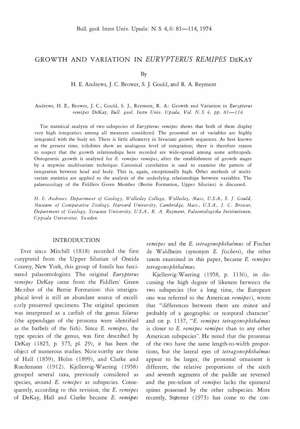 Growth and Variation in Eurypterus Remipes Dekay