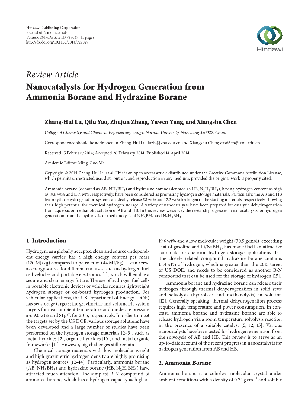 Nanocatalysts for Hydrogen Generation from Ammonia Borane and Hydrazine Borane