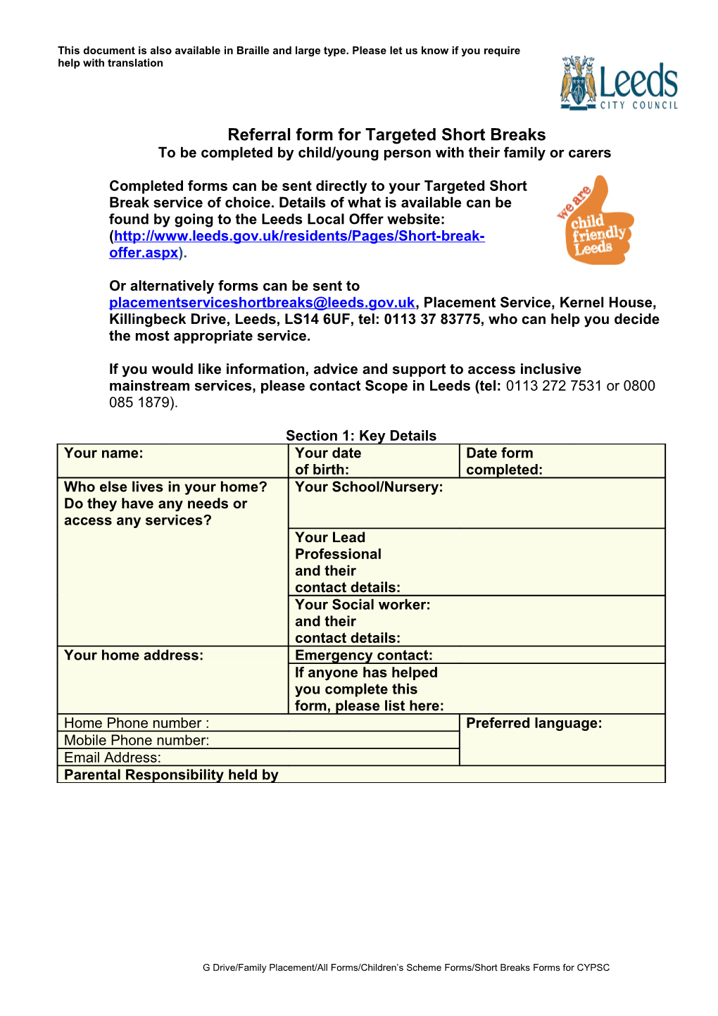 Targeted Short Breaks Referral Form