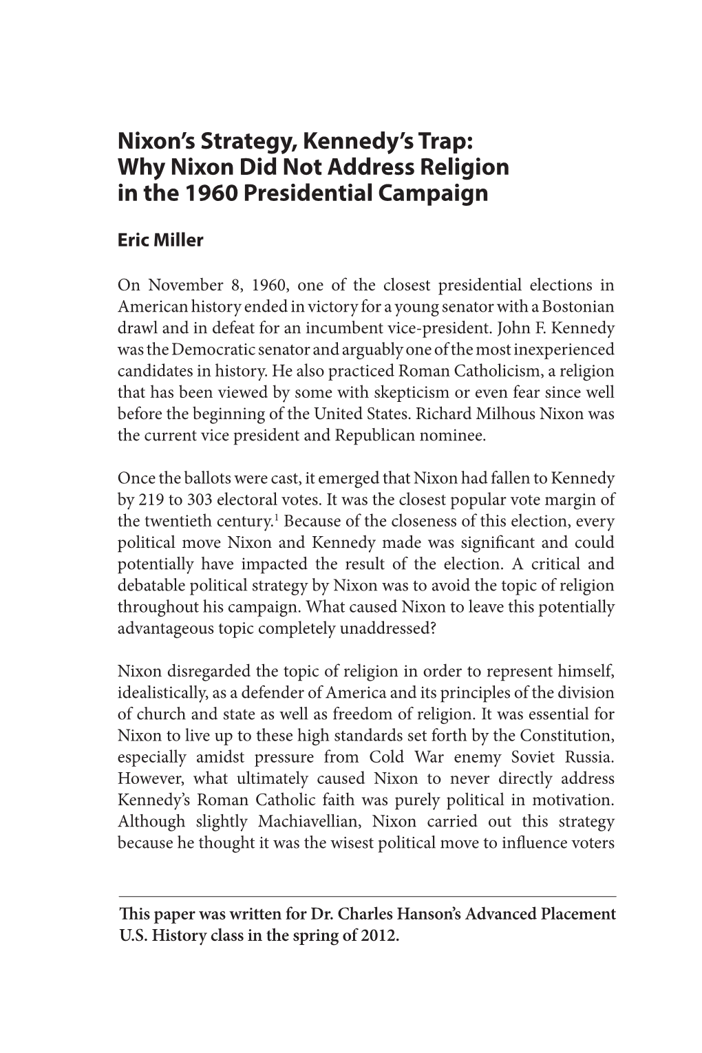 Why Nixon Did Not Address Religion in the 1960 Presidential Campaign