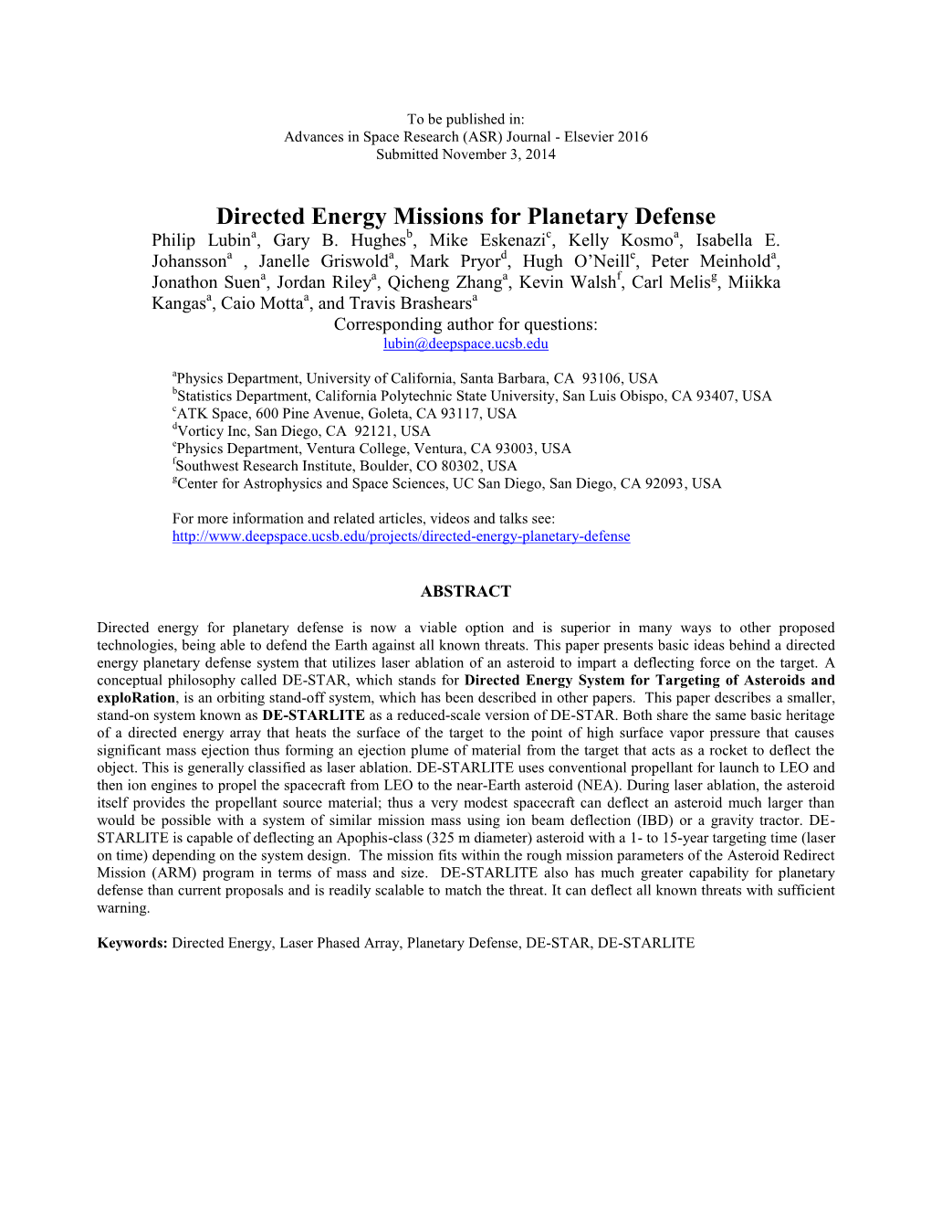 Directed Energy Missions for Planetary Defense Philip Lubina, Gary B