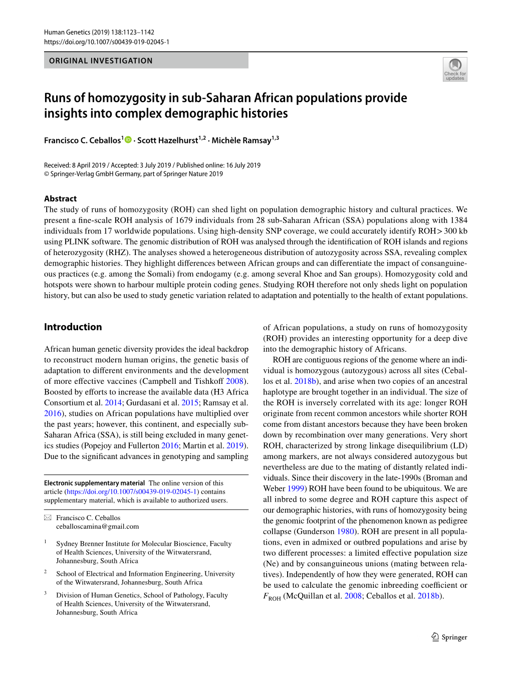Runs of Homozygosity in Sub-Saharan African Populations