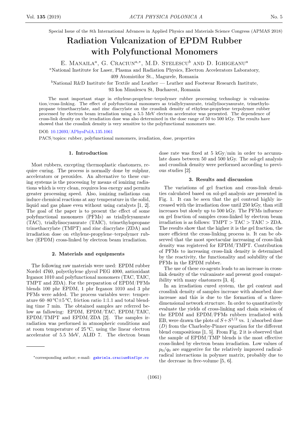 Radiation Vulcanization of EPDM Rubber with Polyfunctional Monomers E