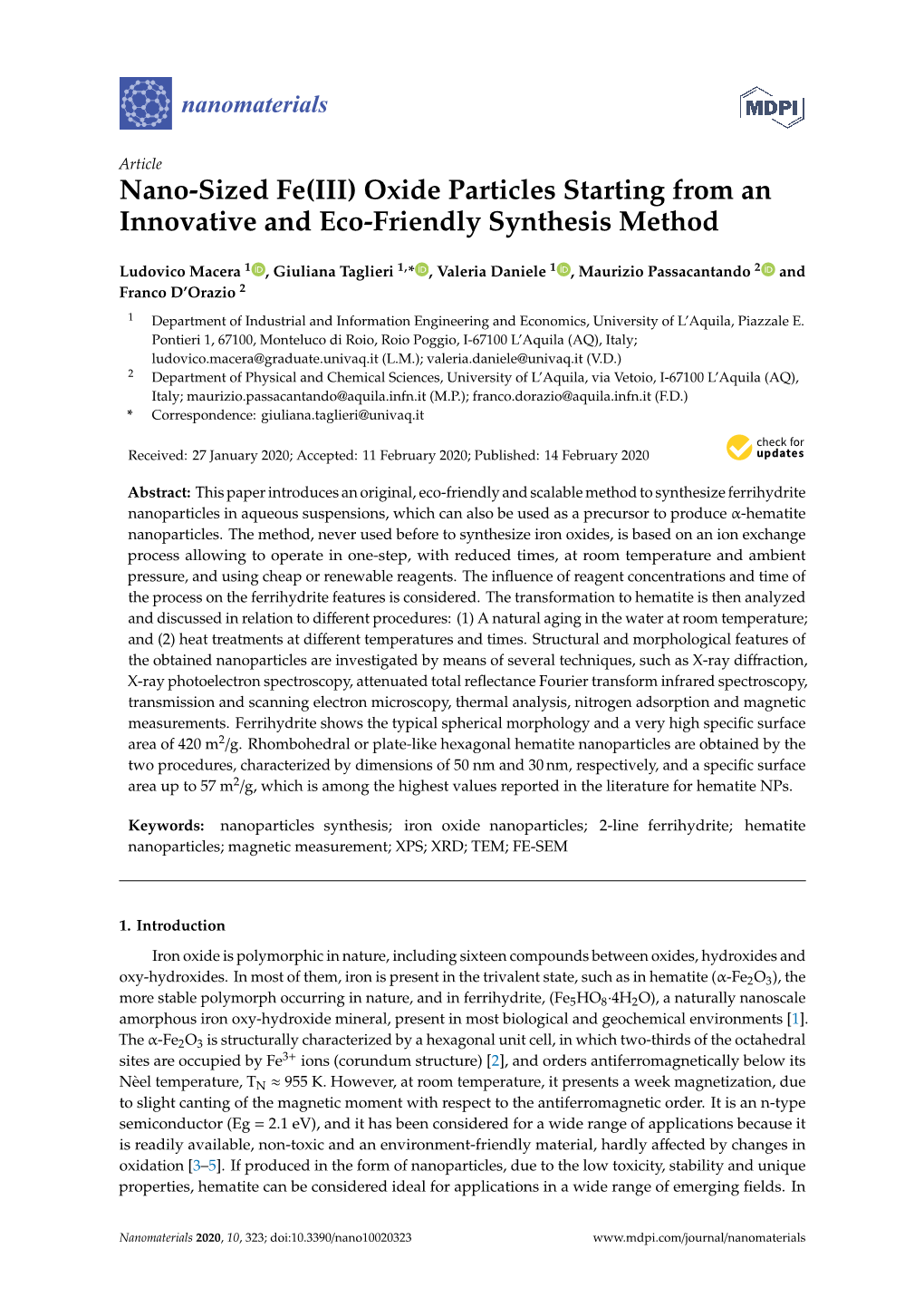 Nano-Sized Fe(III) Oxide Particles Starting from an Innovative and Eco-Friendly Synthesis Method