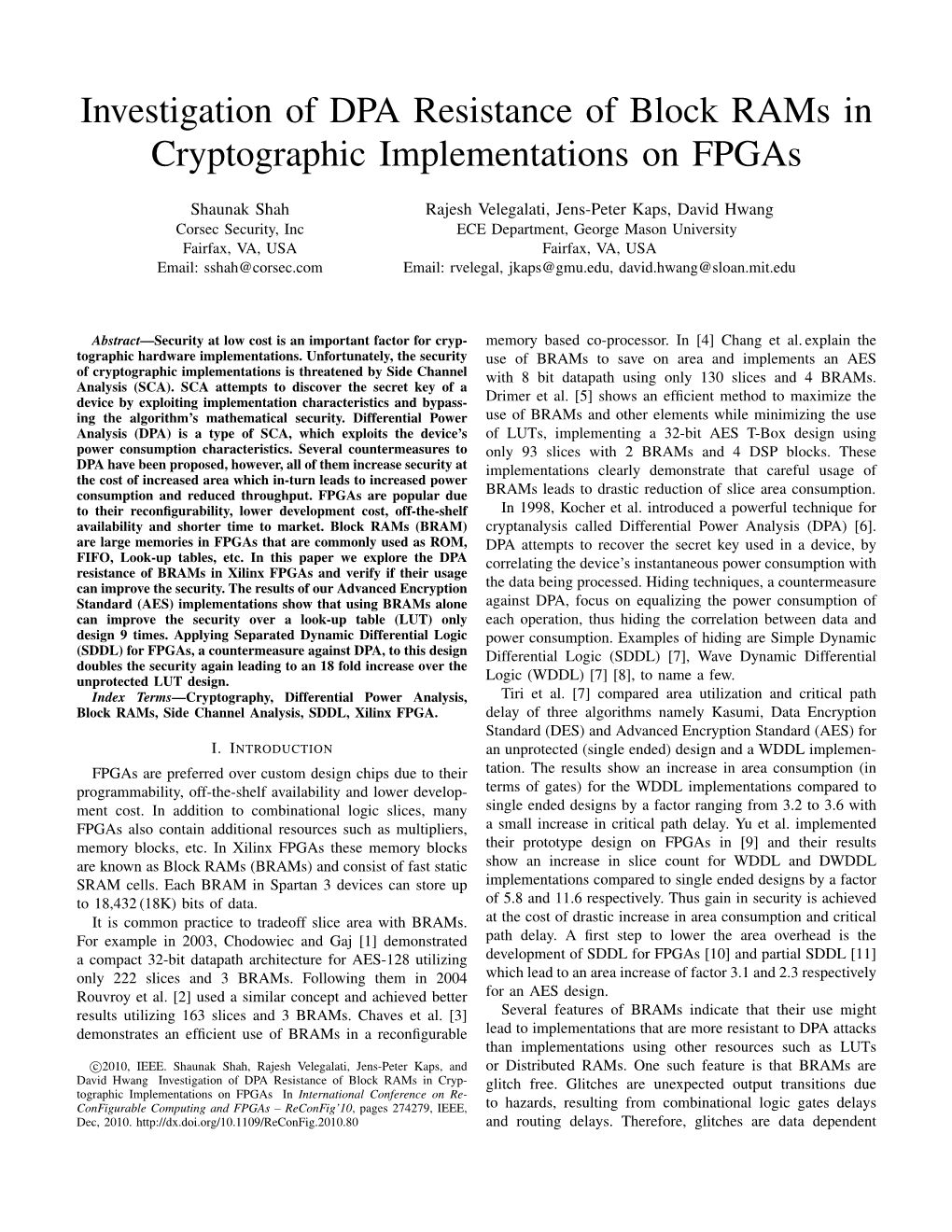 Investigation of DPA Resistance of Block Rams in Cryptographic Implementations on Fpgas