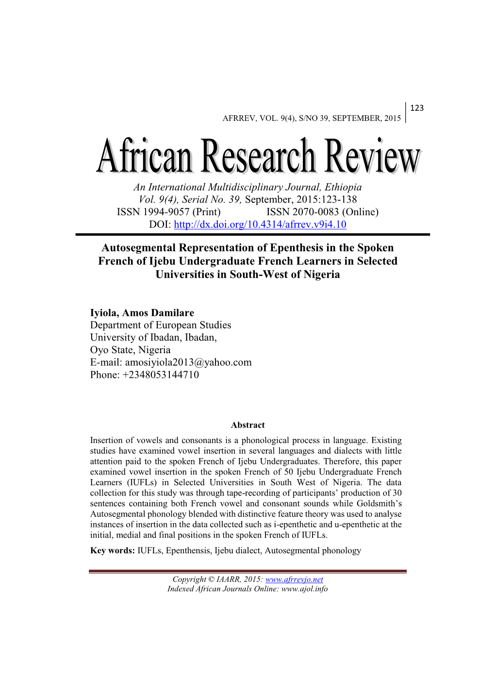 Autosegmental Representation of Epenthesis in the Spoken French of Ijebu Undergraduate French Learners in Selected Universities in South-West of Nigeria