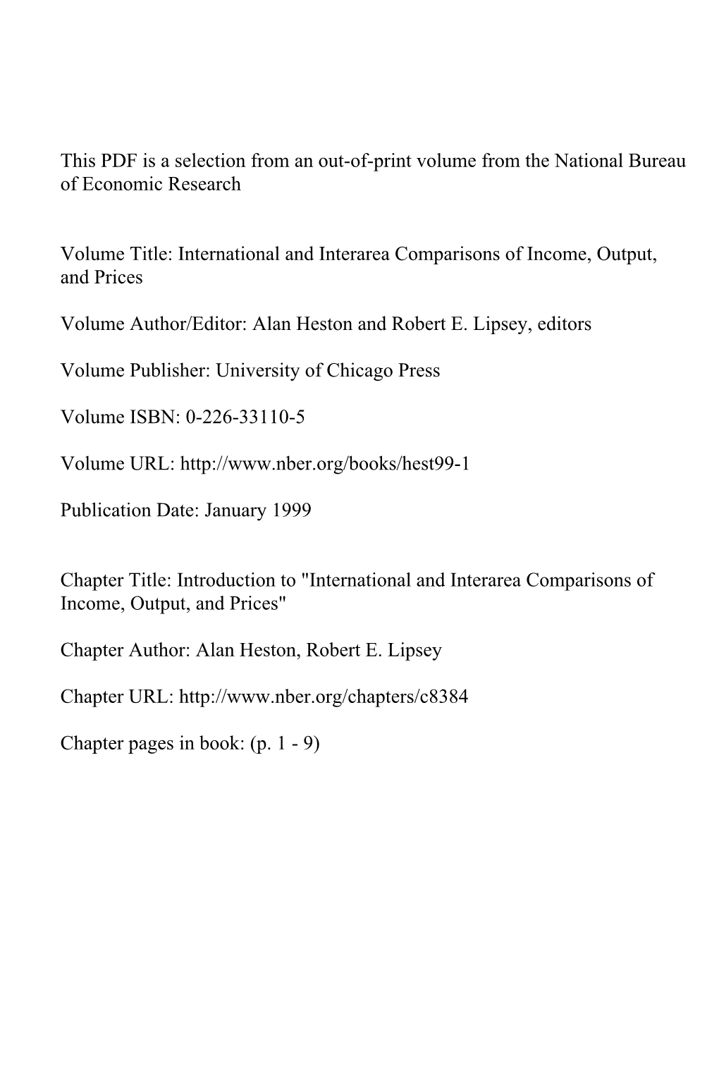 Introduction To" International and Interarea Comparisons of Income