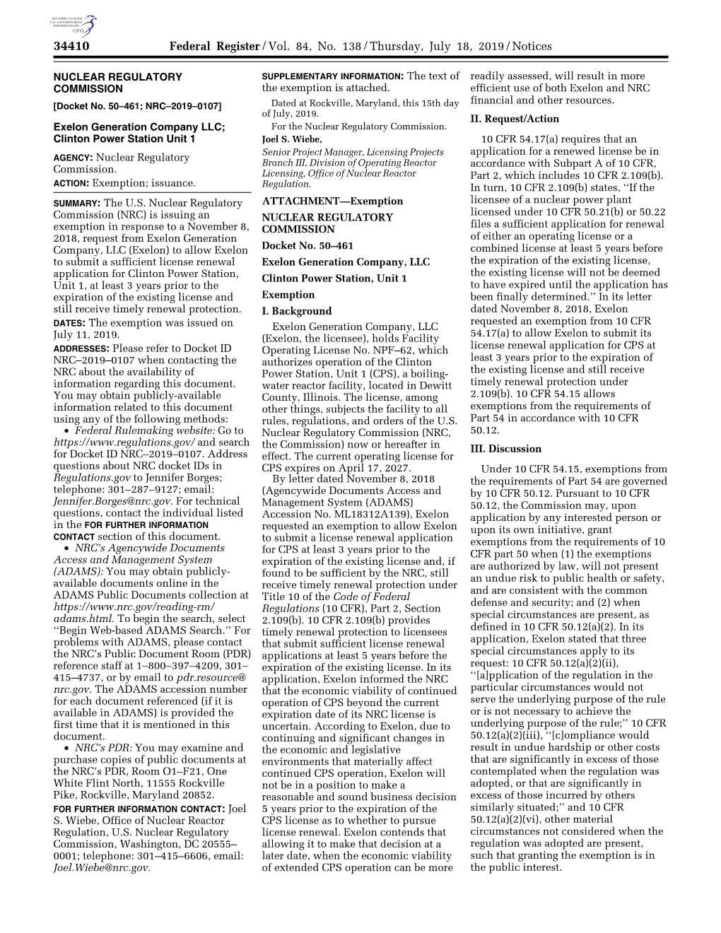 Federal Register/Vol. 84, No. 138/Thursday, July 18, 2019/Notices