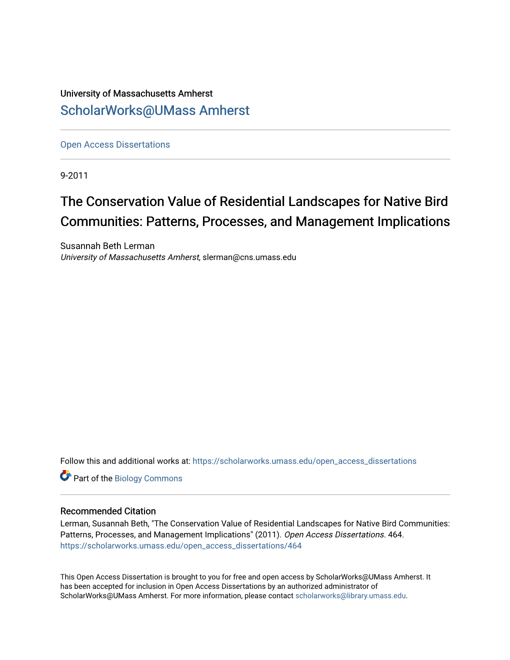 The Conservation Value of Residential Landscapes for Native Bird Communities: Patterns, Processes, and Management Implications