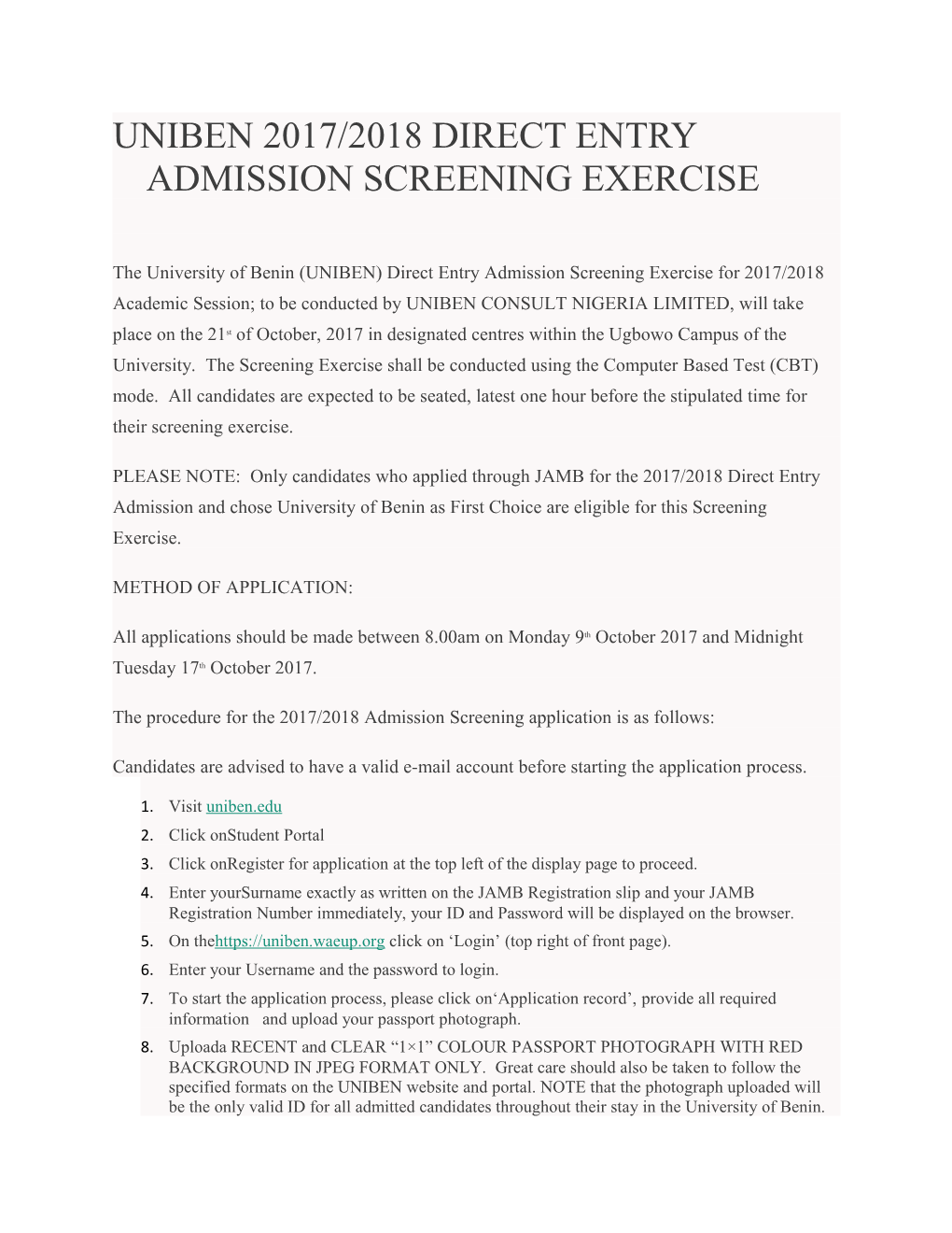 Uniben 2017/2018 Direct Entry Admission Screening Exercise