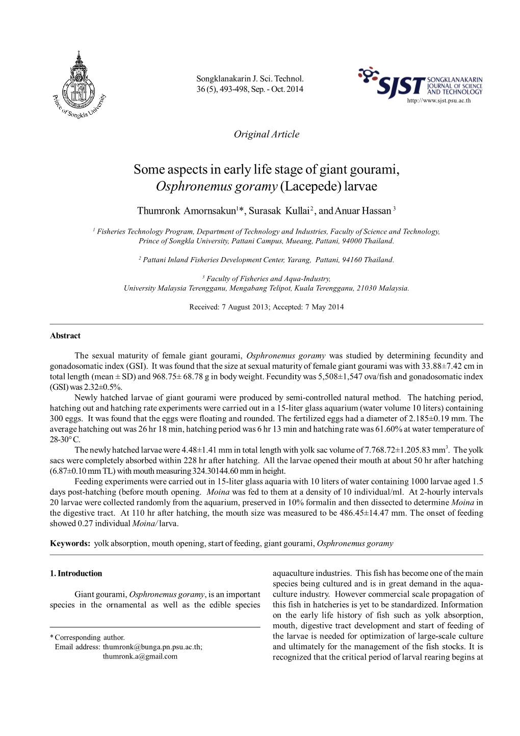 Some Aspects in Early Life Stage of Giant Gourami, Osphronemus Goramy (Lacepede) Larvae