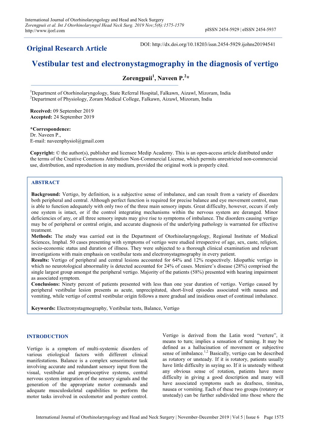 Original Research Article Vestibular Test and Electronystagmography in the Diagnosis of Vertigo