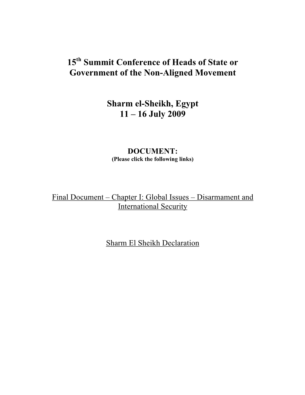 15Th Summit Final Document, Sharm El Sheikh, 2009