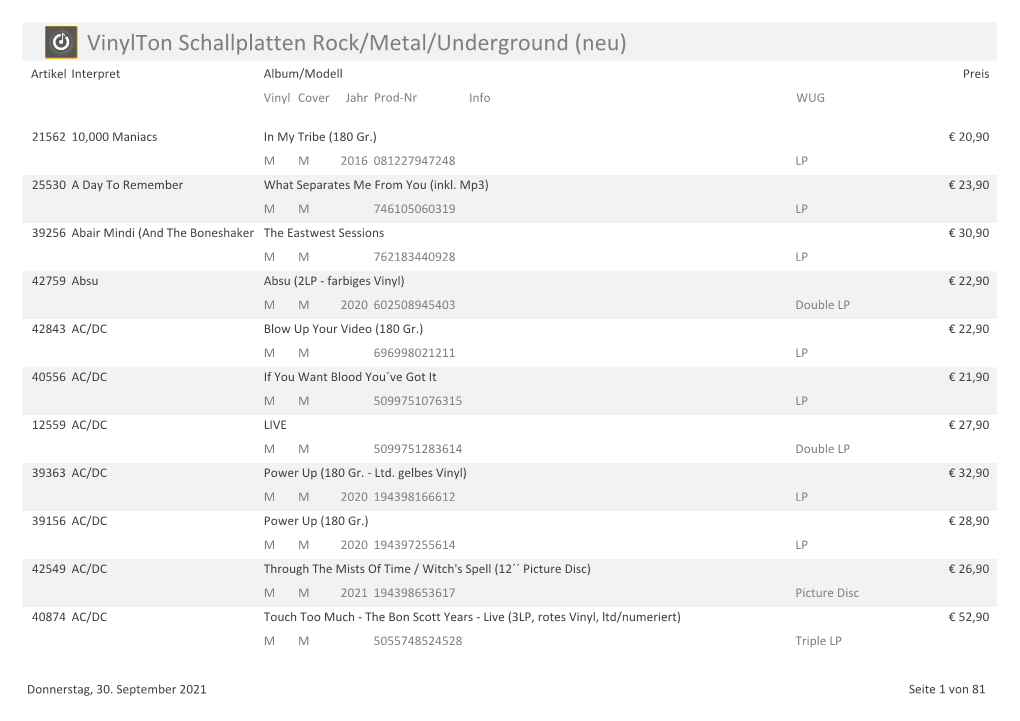 Vinylton Schallplatten Rock/Metal/Underground (Neu) Artikel Interpret Album/Modell Preis Vinyl Cover Jahr Prod-Nr Info WUG