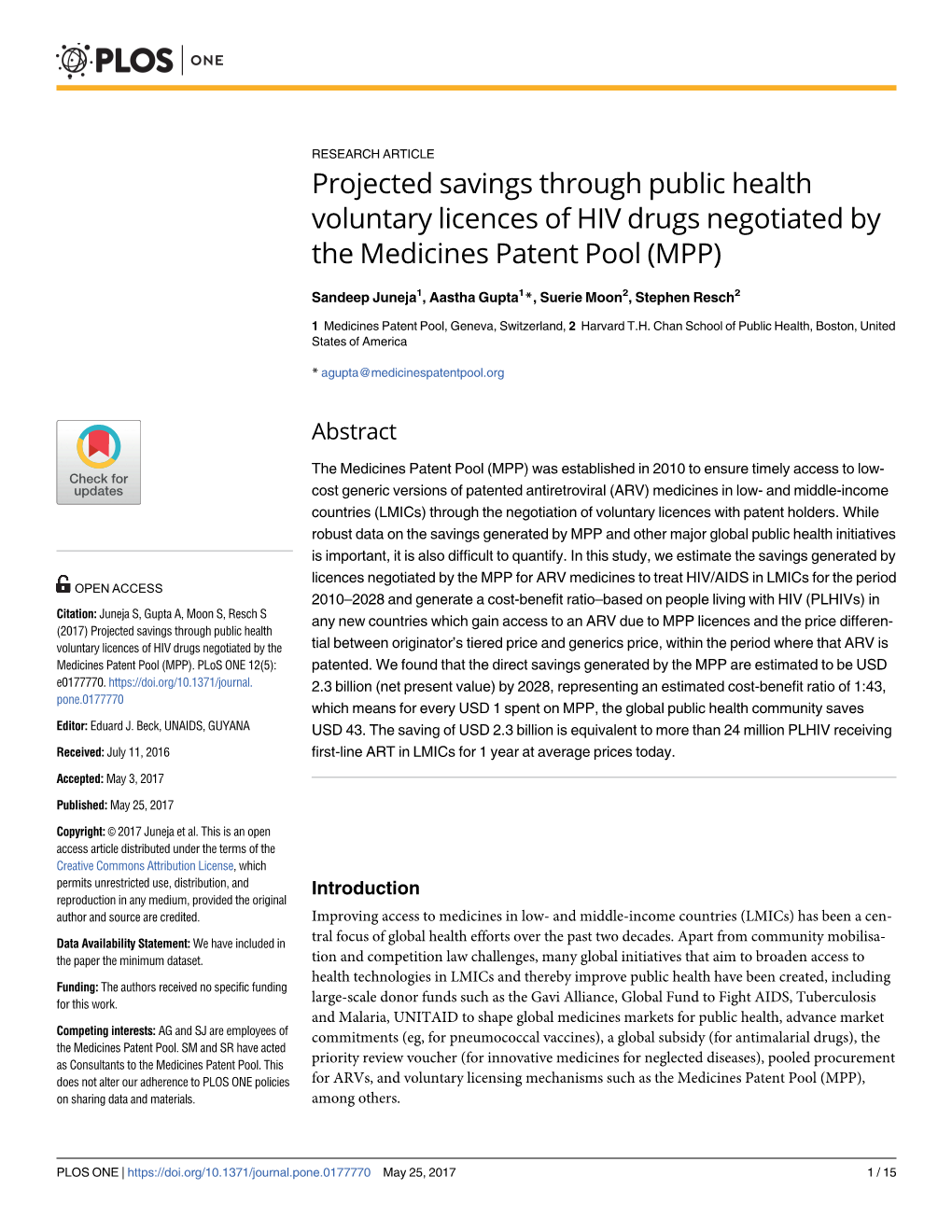 Projected Savings Through Public Health Voluntary Licences of HIV Drugs Negotiated by the Medicines Patent Pool (MPP)