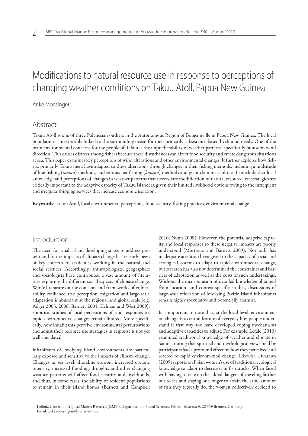 Modifications to Natural Resource Use in Response to Perceptions of Changing Weather Conditions on Takuu Atoll, Papua New Guinea