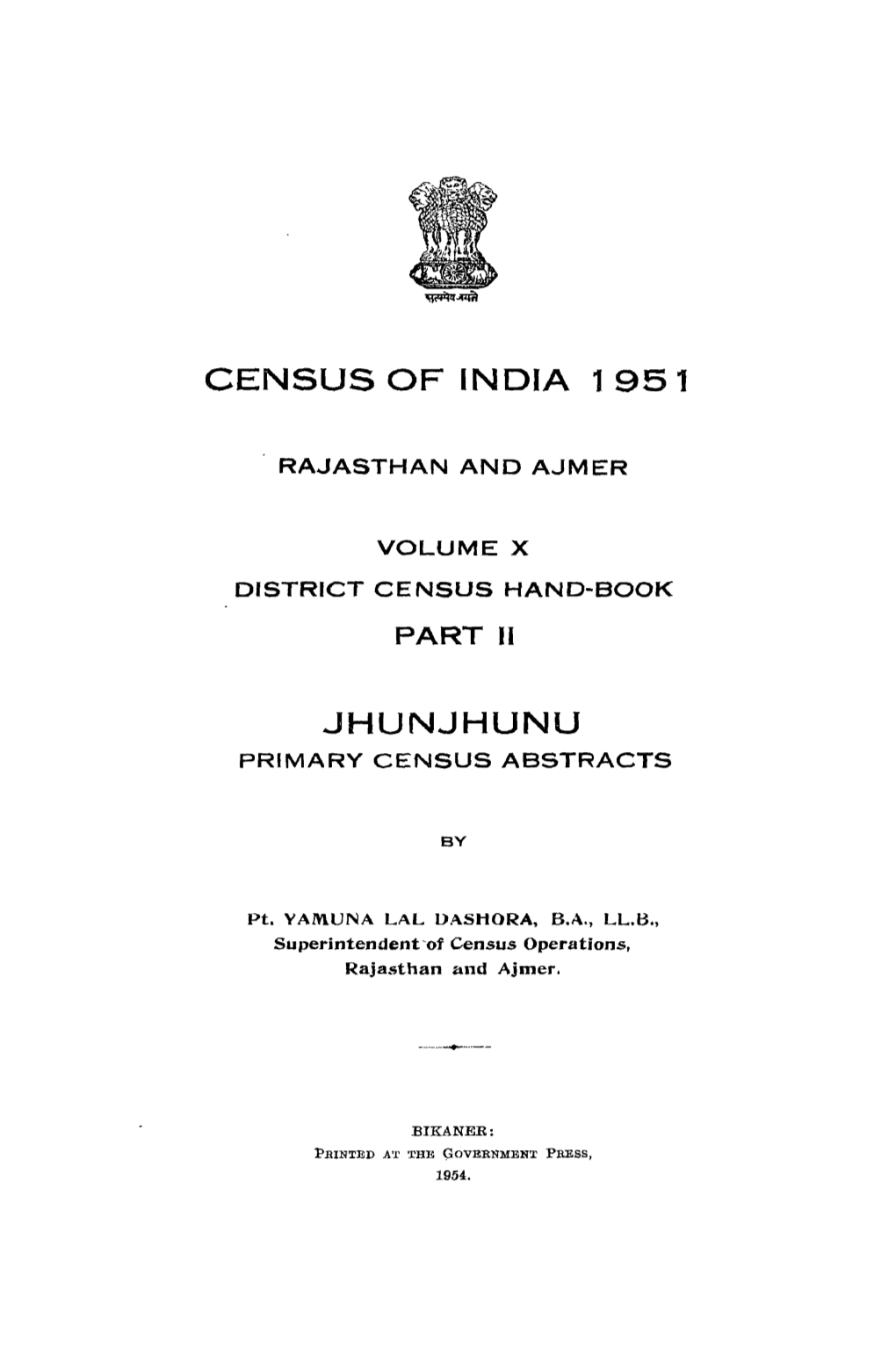 District Census Handbook, Jhunjhunu, Part II, Vol-X, Rajasthan