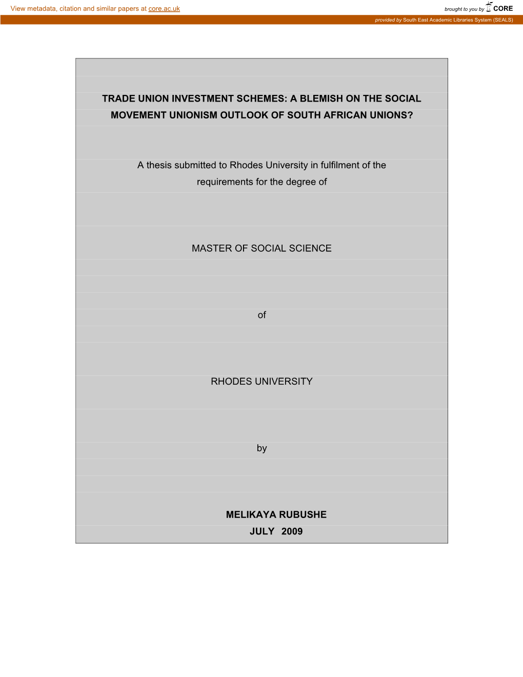 Trade Union Investment Schemes: a Blemish on the Social Movement Unionism Outlook of South African Unions?