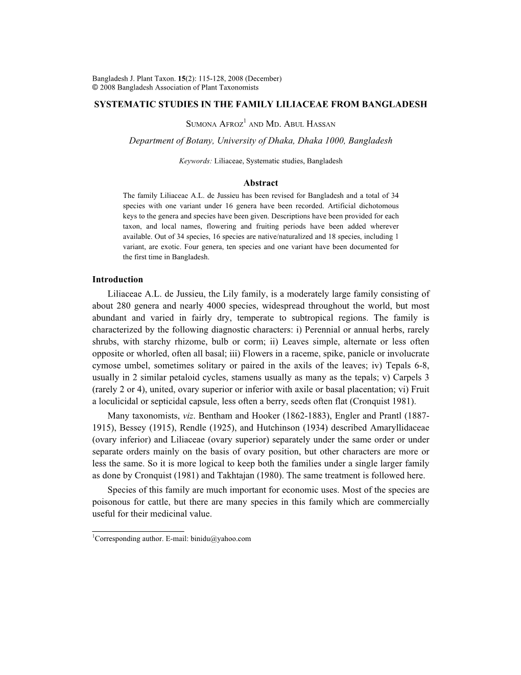 Systematic Studies in the Family Liliaceae from Bangladesh