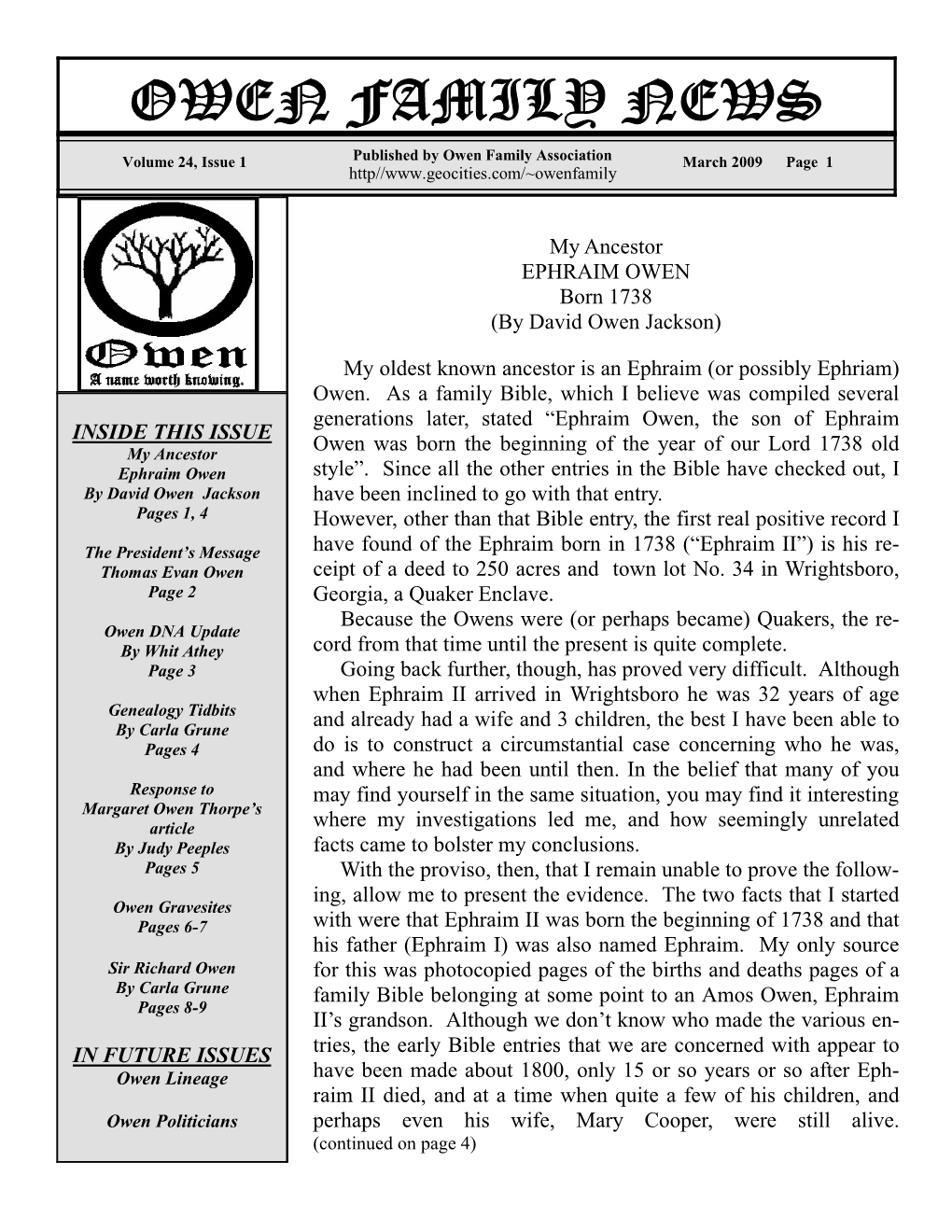 Owen Family Newsletter