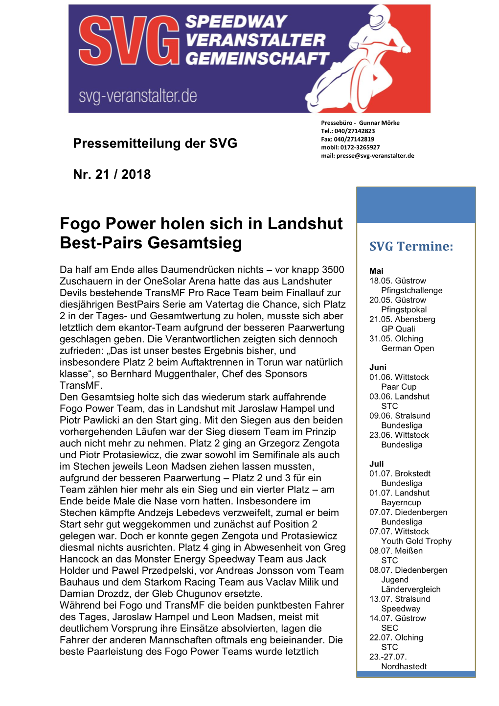 Fogo Power Holen Sich in Landshut Best-Pairs Gesamtsieg SVG Termine