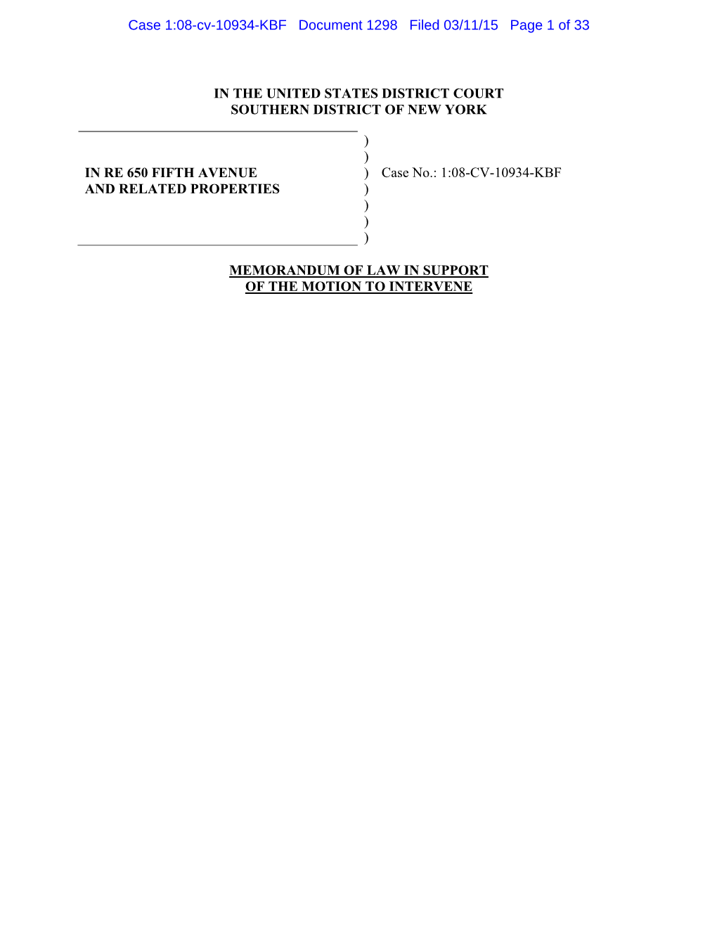 650 FIFTH AVENUE ) Case No.: 1:08-CV-10934-KBF and RELATED PROPERTIES ) ) ) )