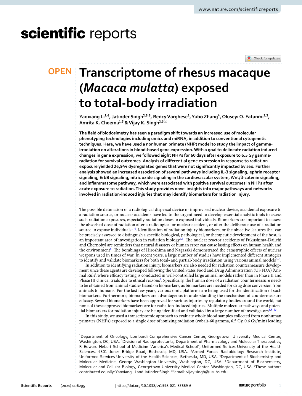 Macaca Mulatta) Exposed to Total‑Body Irradiation Yaoxiang Li1,6, Jatinder Singh2,3,6, Rency Varghese1, Yubo Zhang4, Oluseyi O