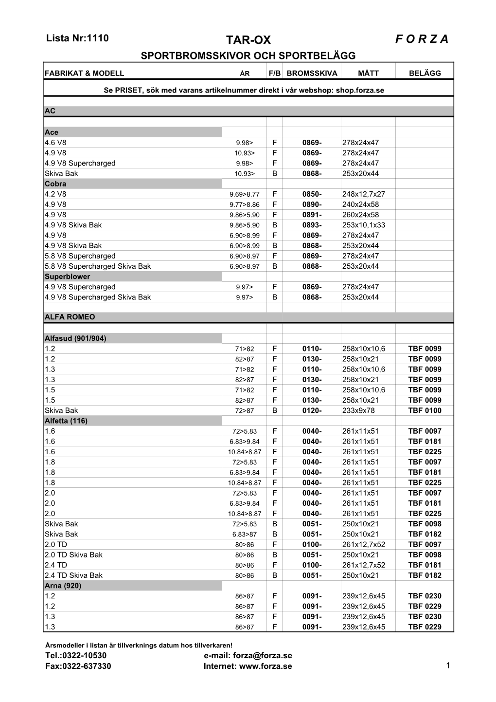 Tarox Rekomendationslista 1110