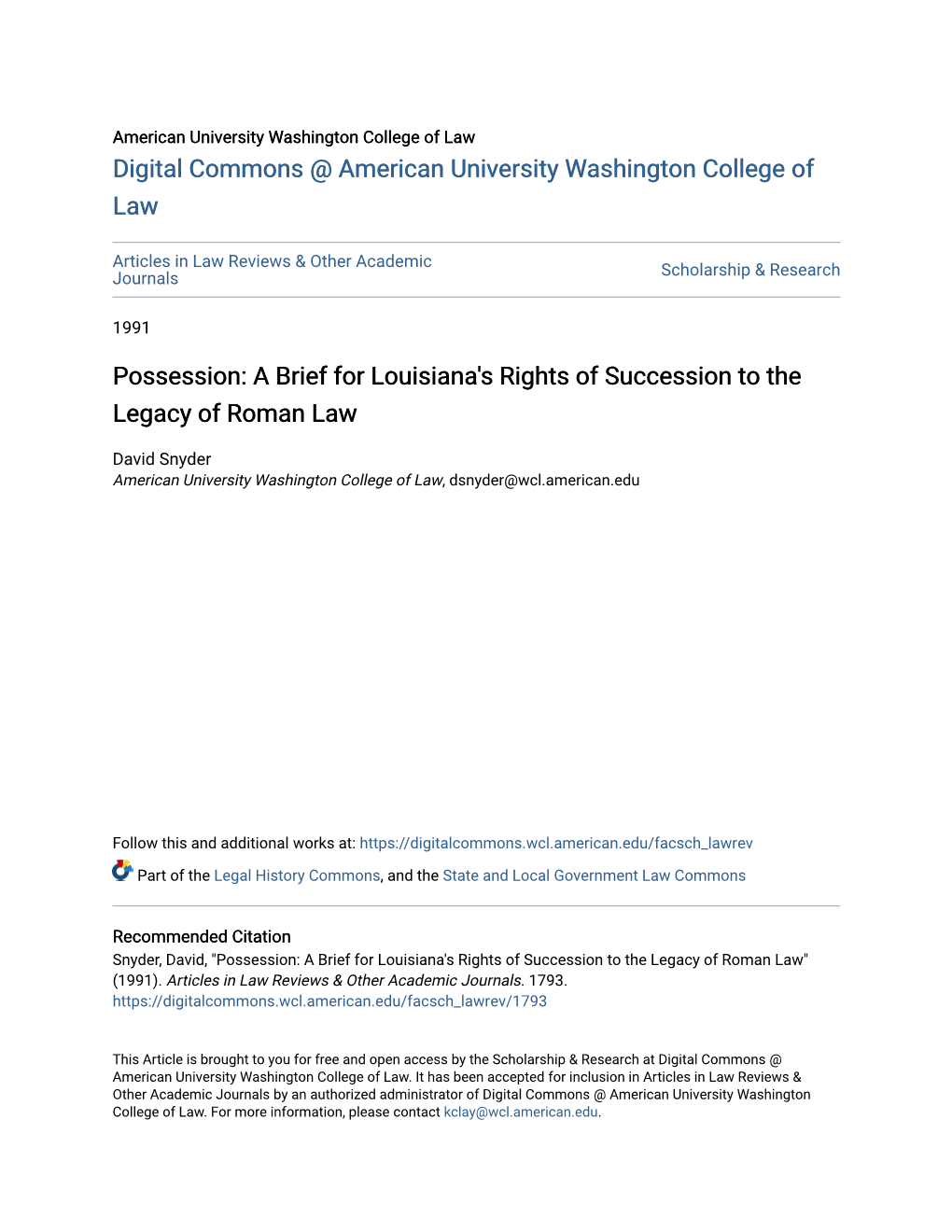 Possession: a Brief for Louisiana's Rights of Succession to the Legacy of Roman Law