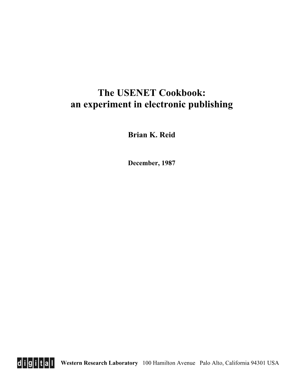 USENET Cookbook an Experiment in Electronic Publication