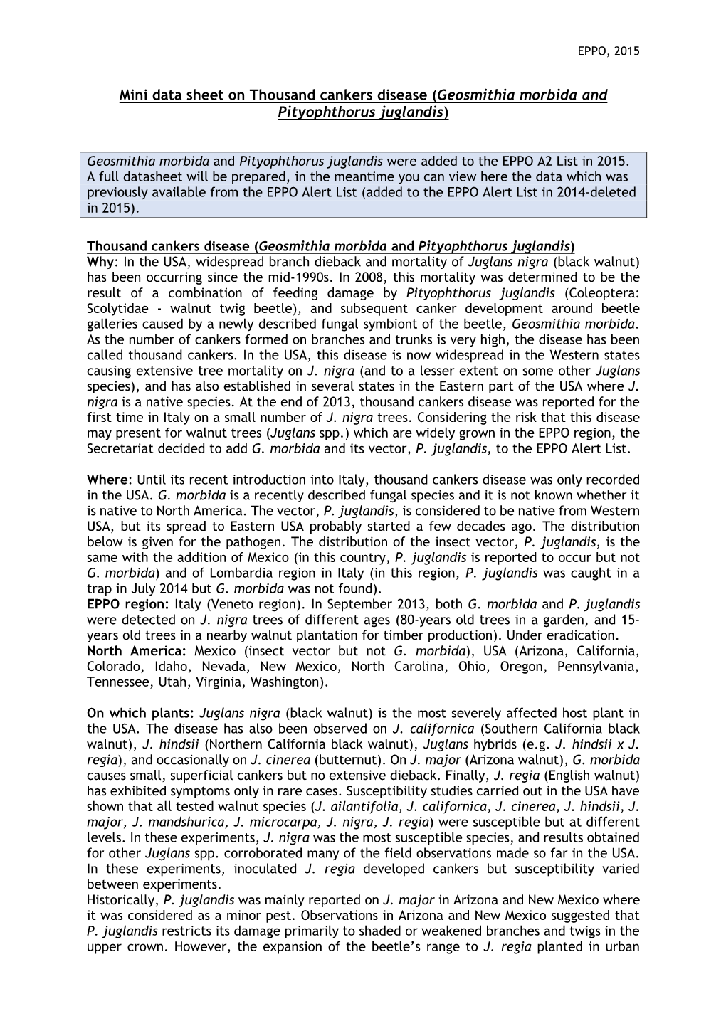 Mini Data Sheet on Geosmithia Morbida and Pityophthorus Juglandis