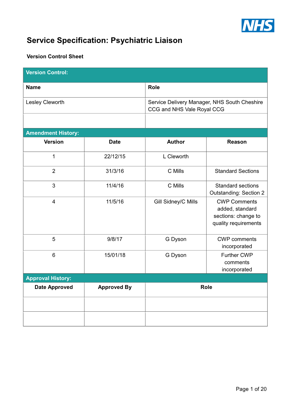 Service Specification: Psychiatric Liaison