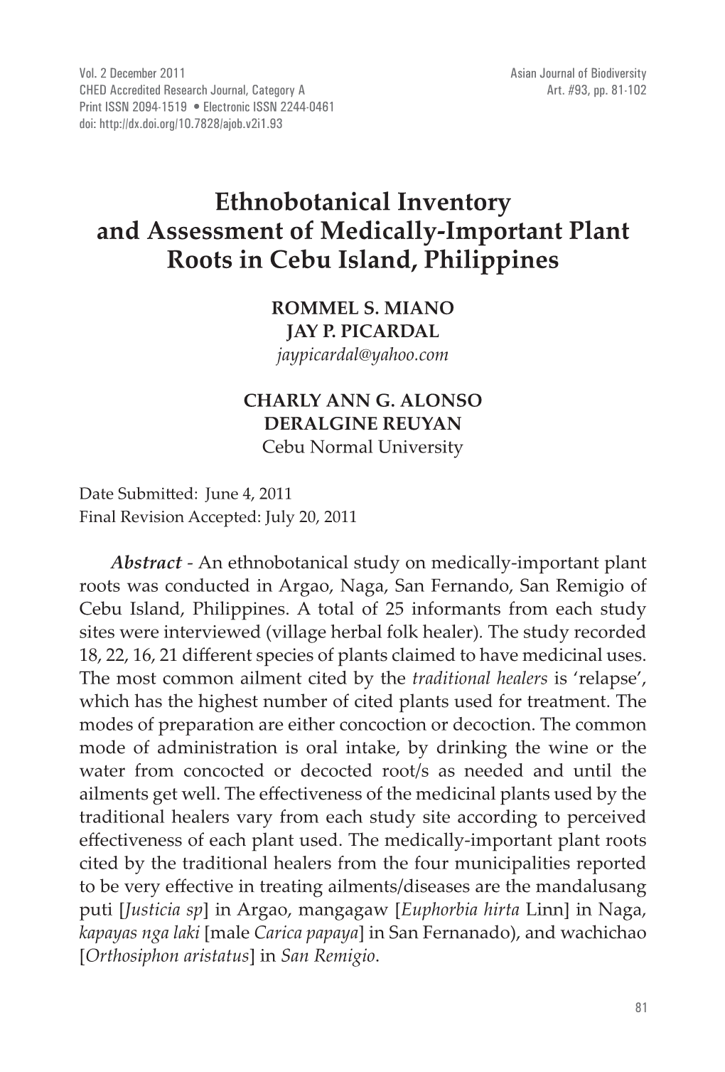 Ethnobotanical Inventory and Assessment of Medically-Important Plant Roots in Cebu Island, Philippines