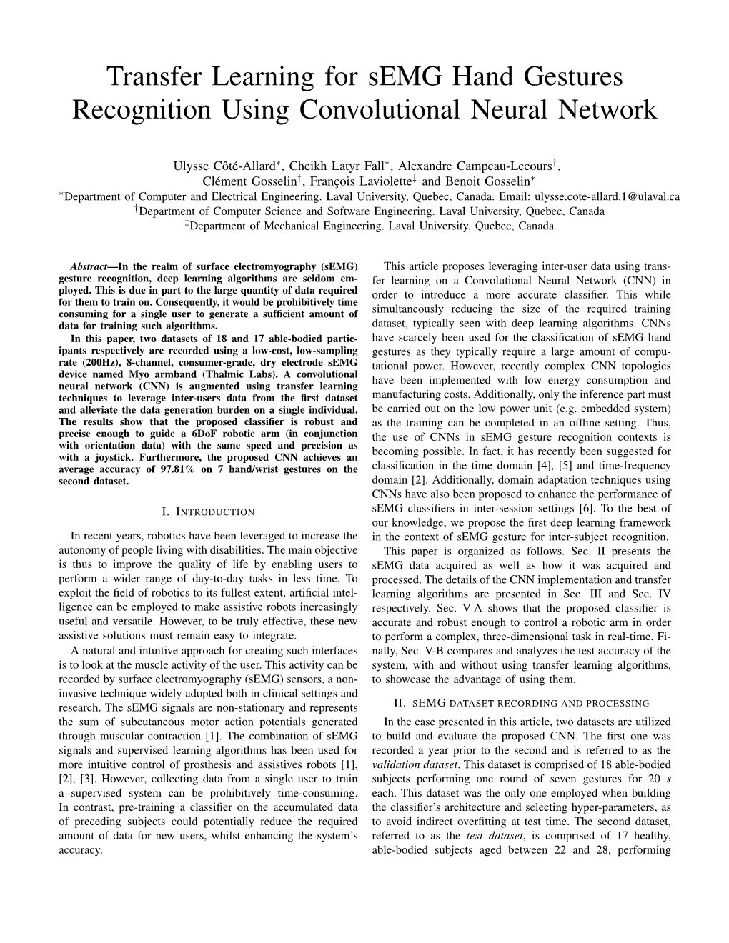 Transfer Learning for Semg Hand Gestures Recognition Using Convolutional Neural Network