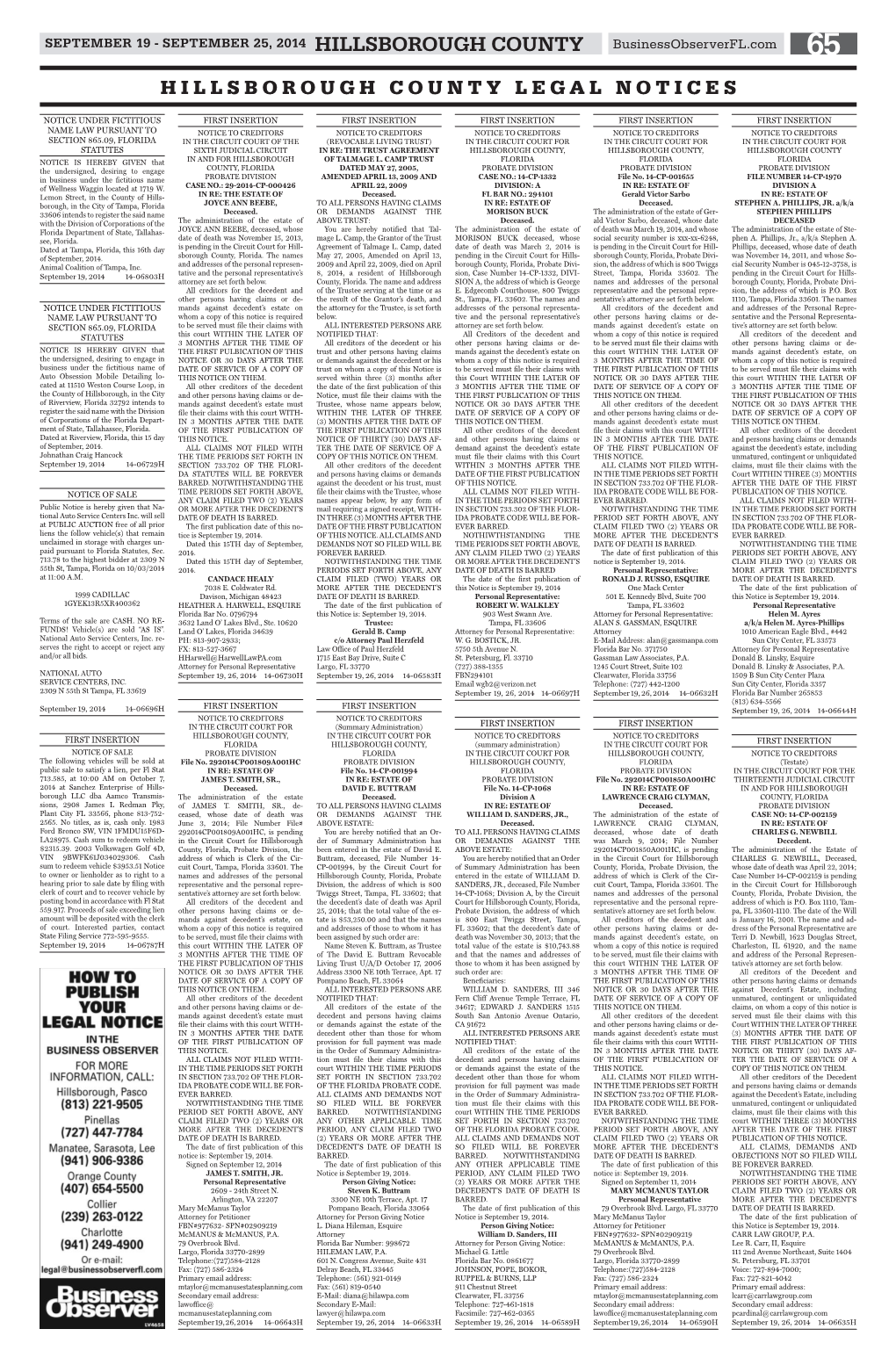 HILLSBOROUGH COUNTY Businessobserverfl.Com 65 HILLSBOROUGH COUNTY LEGAL NOTICES