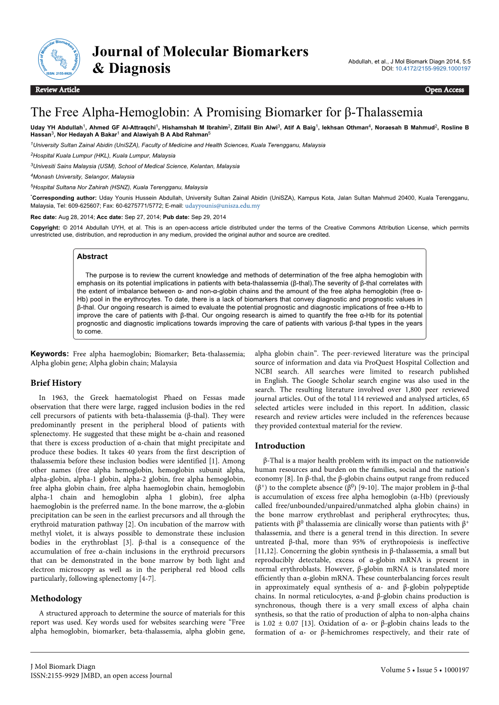 The Free Alpha-Hemoglobin: a Promising Biomarker for Β-Thalassemia