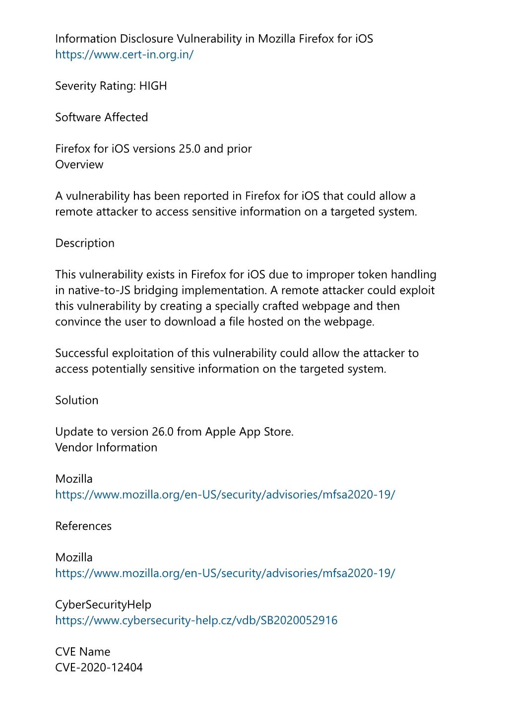 Information Disclosure Vulnerability in Mozilla Firefox for Ios