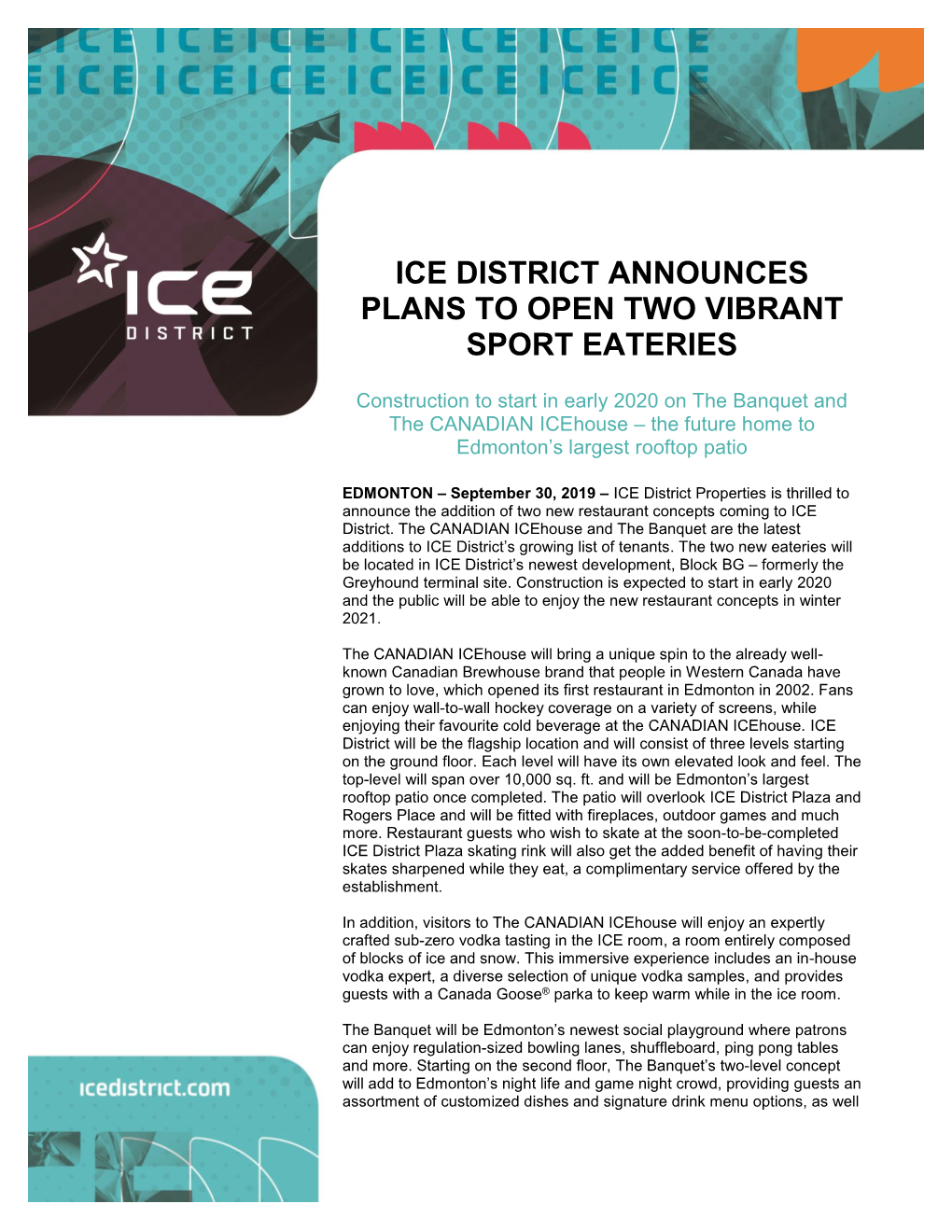 Ice District Announces Plans to Open Two Vibrant Sport Eateries