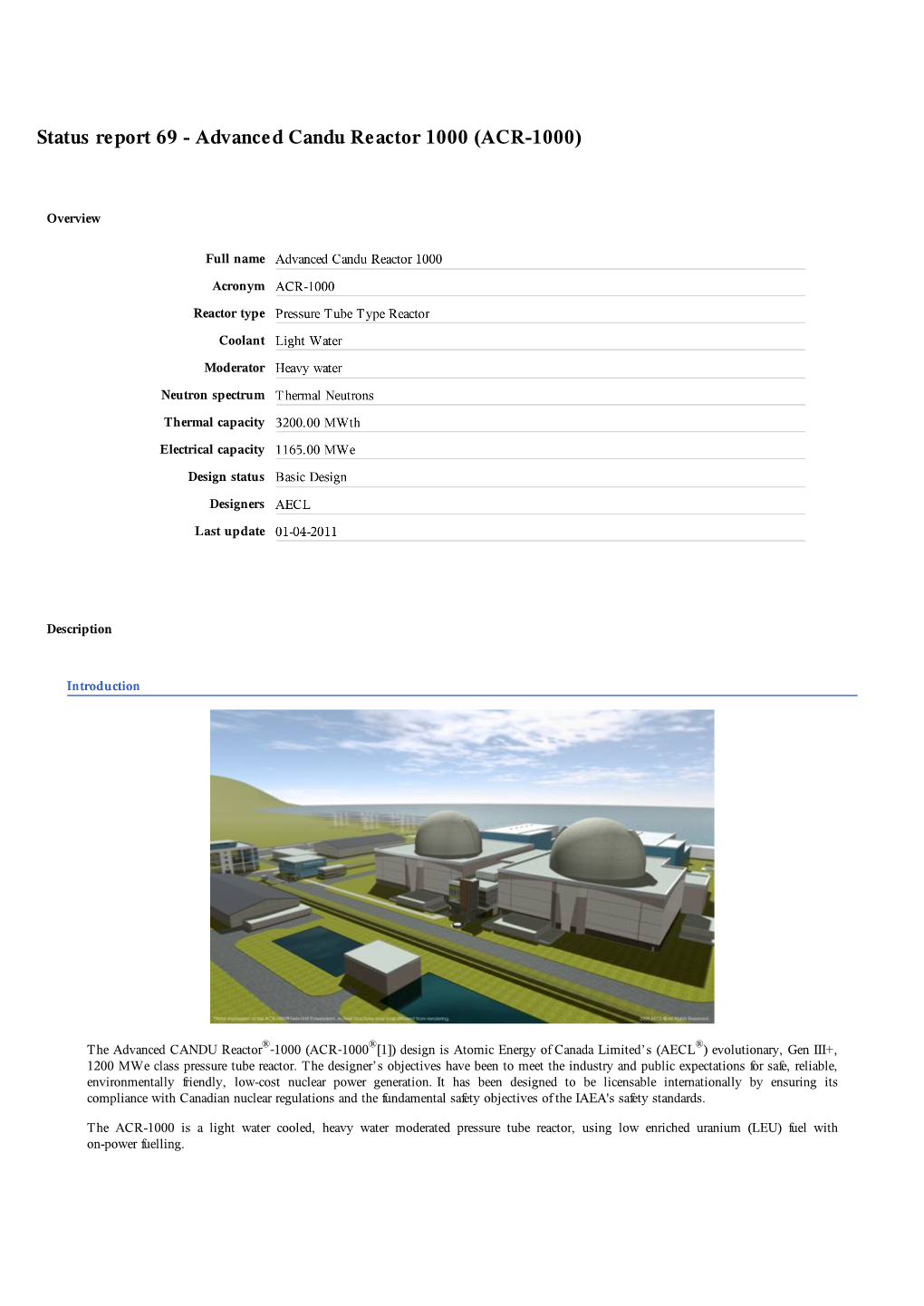 Status Report 69 - Advanced Candu Reactor 1000 (ACR-1000)