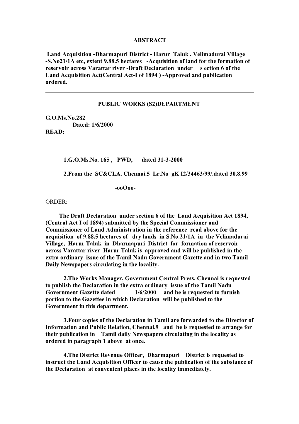 ABSTRACT Land Acquisition -Dharmapuri District