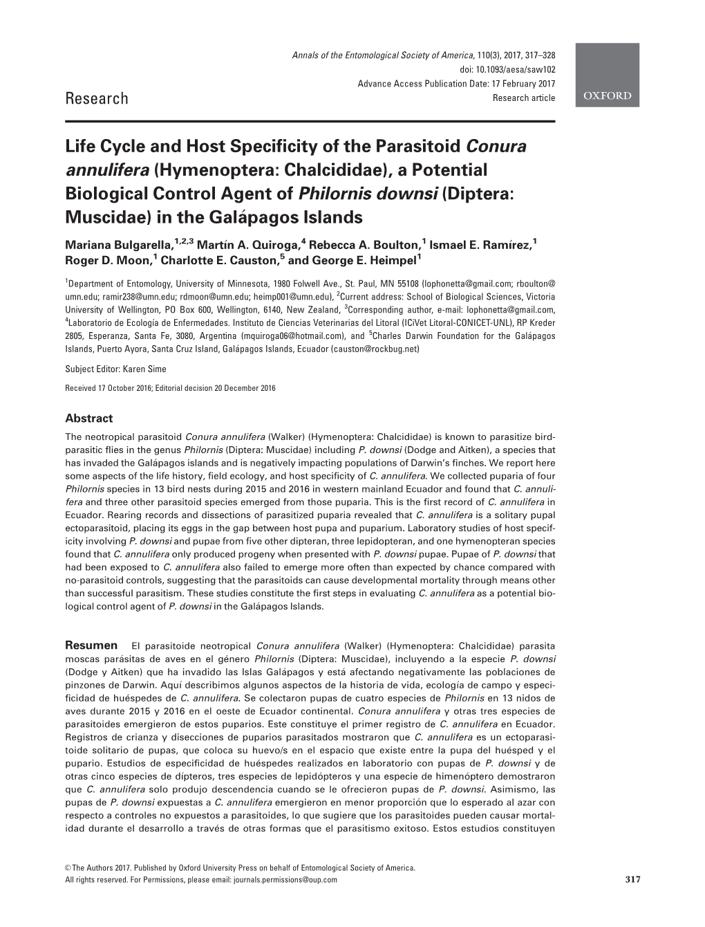 Life Cycle and Host Specificity of the Parasitoid Conura Annulifera